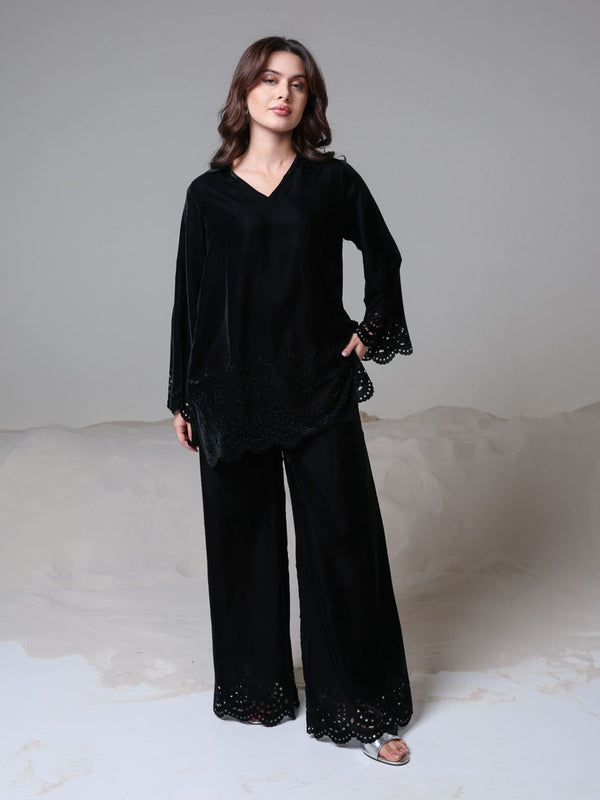 Eloise Black Velvet Cut Work Co-Ord Set