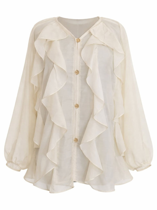 Svanen Off White Frill Shirt With Flowers Detaling