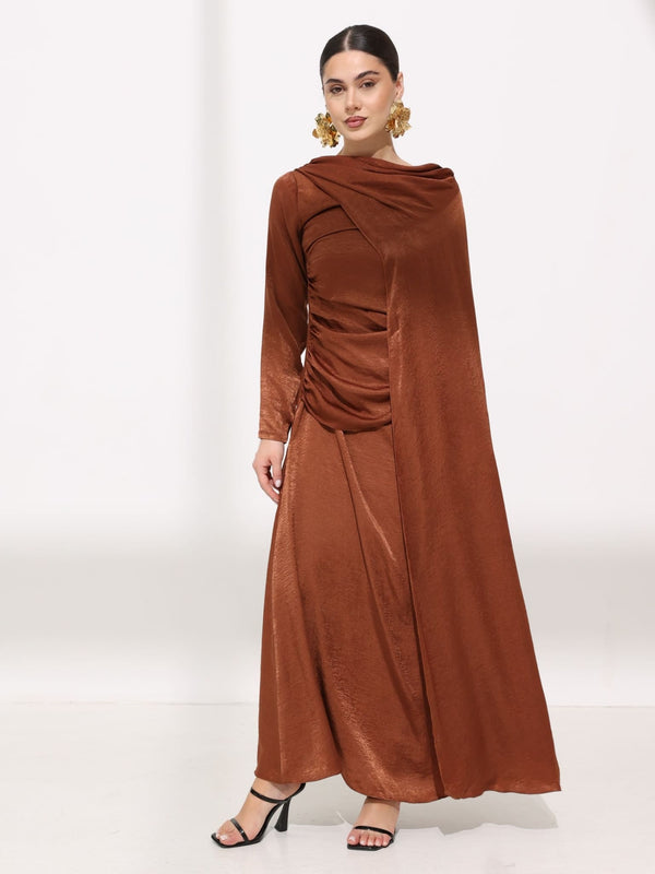 Mirena Brown Soft Silk Long Drape Dress