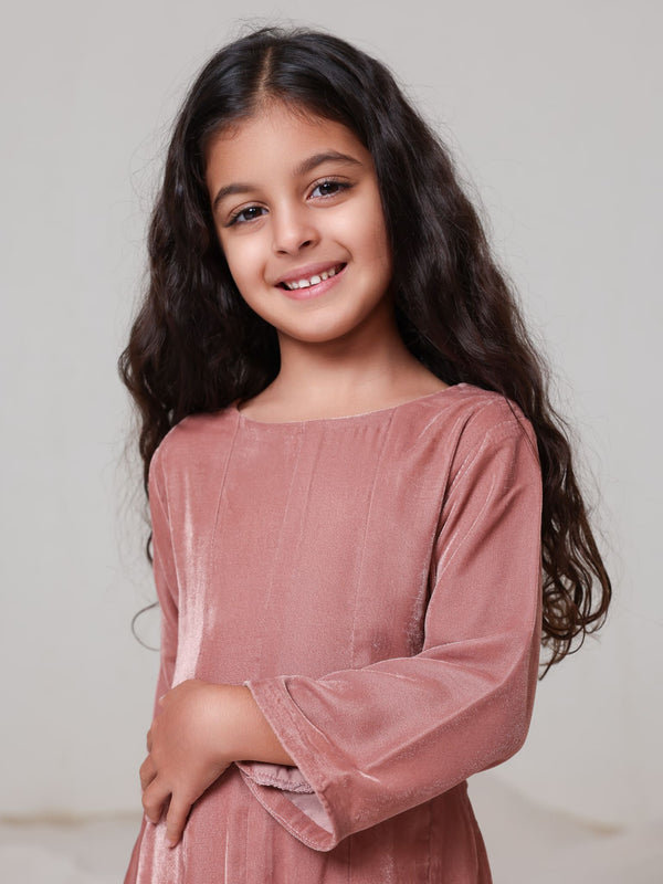 Mini Serah Pink Velvet Dress For Girls