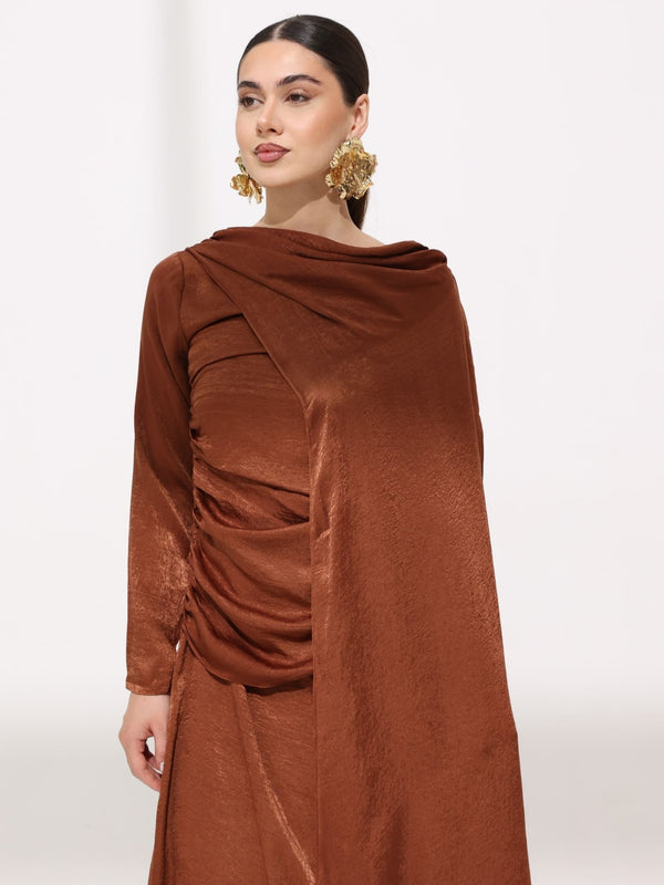 Mirena Brown Soft Silk Long Drape Dress