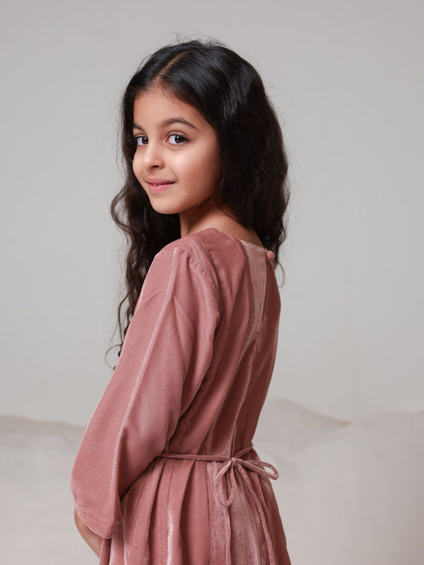 Mini Serah Pink Velvet Dress For Girls