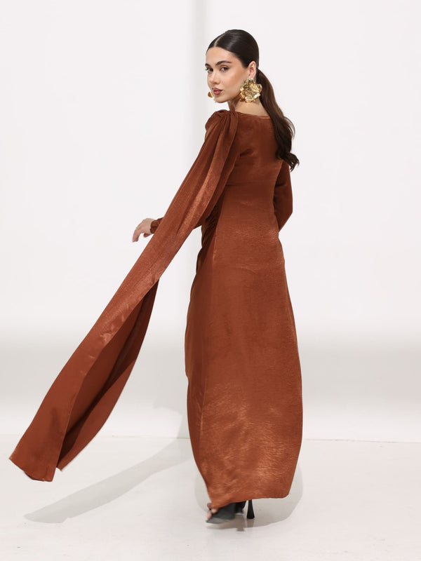 Mirena Brown Soft Silk Long Drape Dress