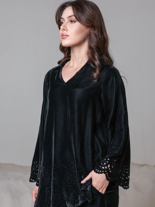 Eloise Black Velvet Cut Work Co-Ord Set