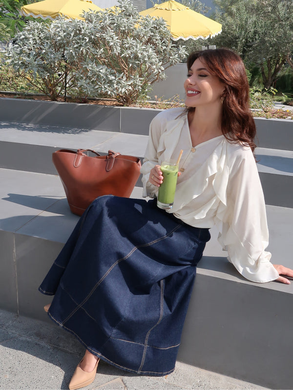 Svanen Off White Frill Shirt With Flowers Detaling
