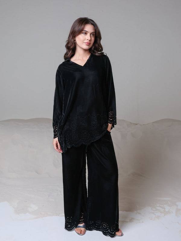 Eloise Black Velvet Cut Work Co-Ord Set